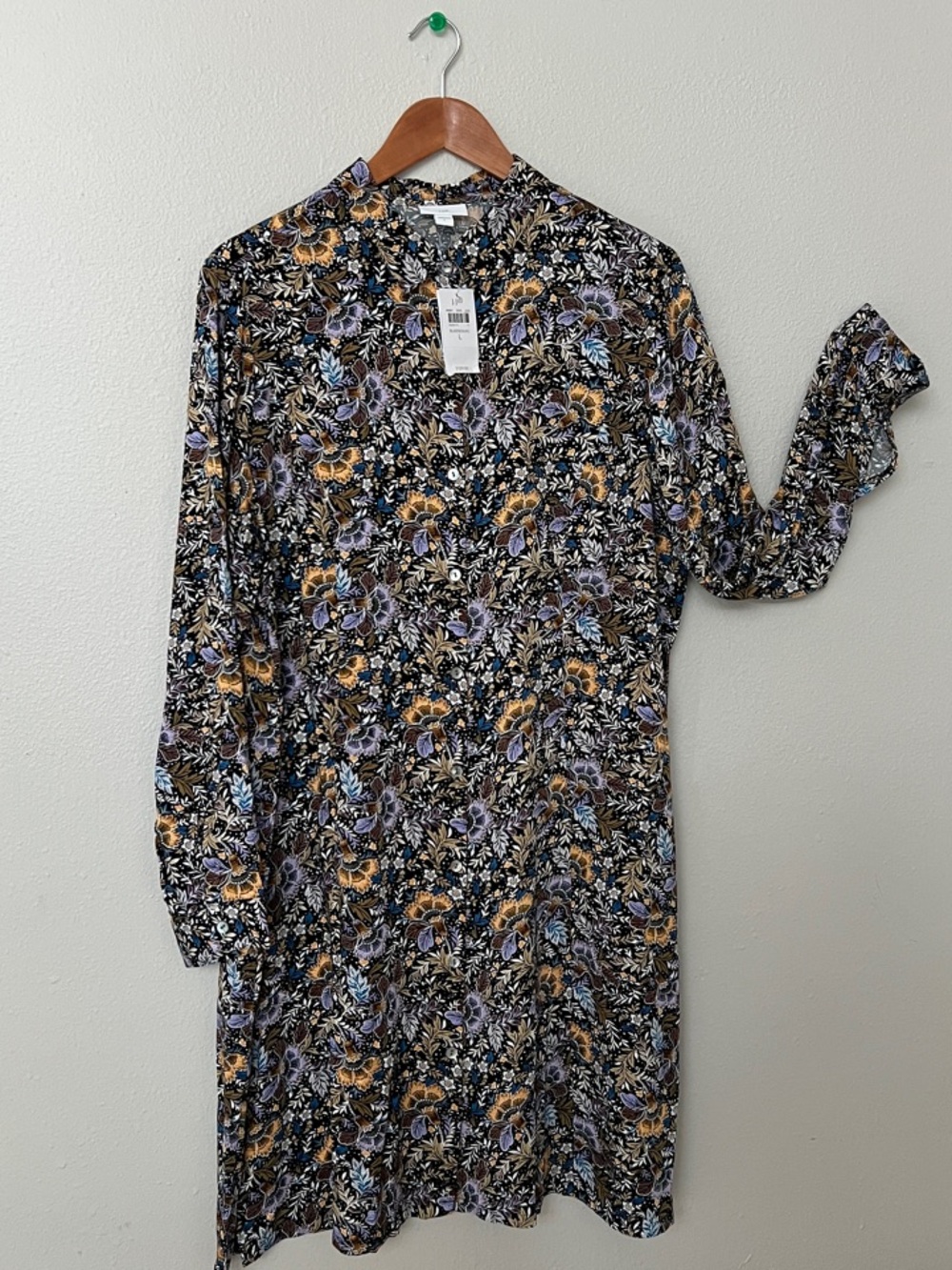 J. Jill Black Floral Long Sleeve Shift Dress with Lavender and Mustard Accents